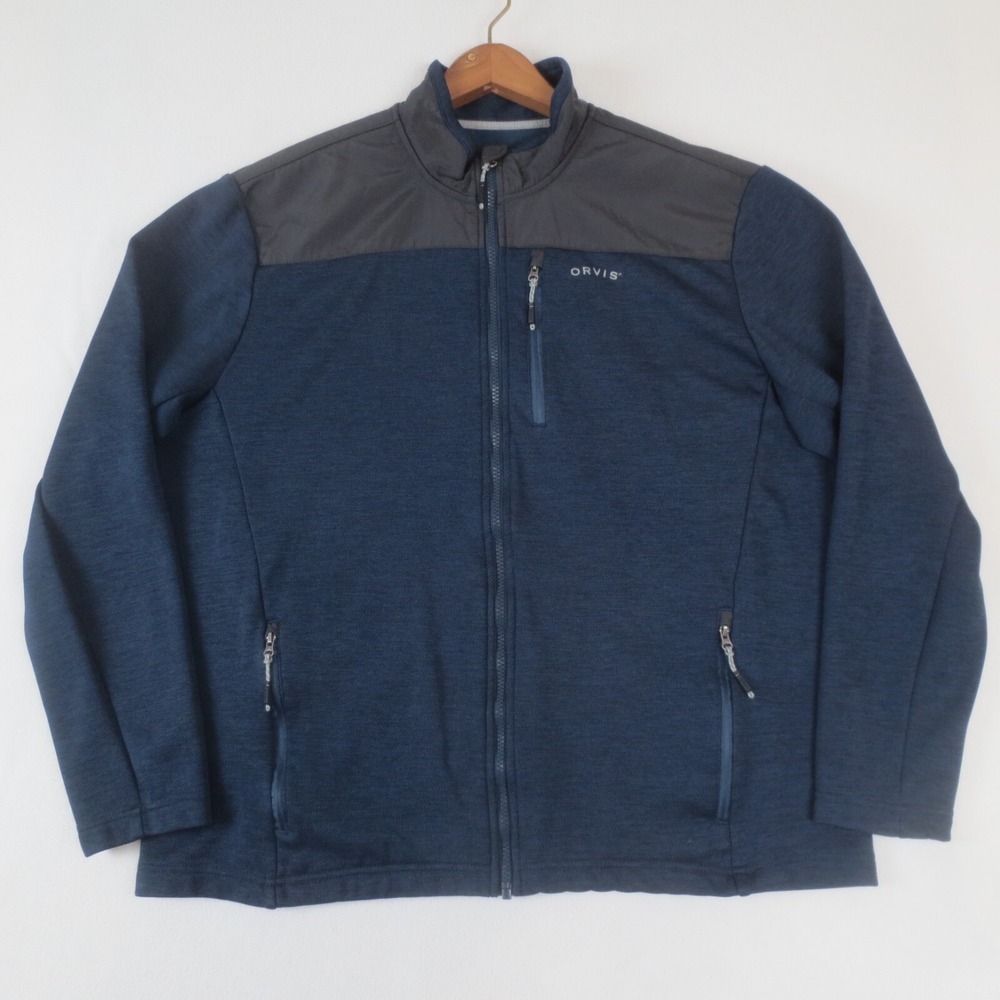 Orvis Jacket Mens Large Blue Grey Fleece Bonded Mesh Full Zip Outdoor Fish Hike